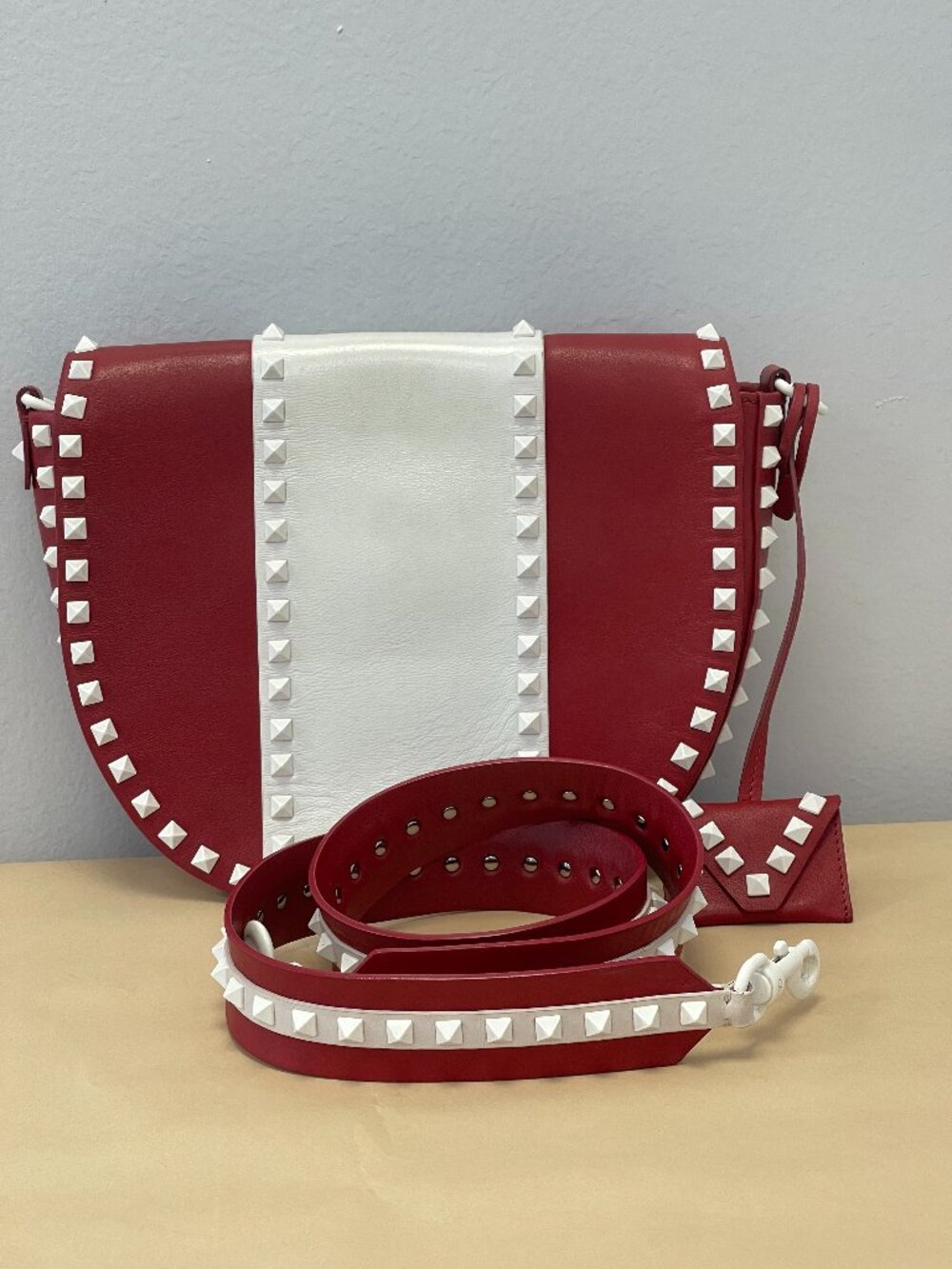 Valentino Rockstud Halfmoon Saddle in Red/White Colorblock Bag - Preowned
